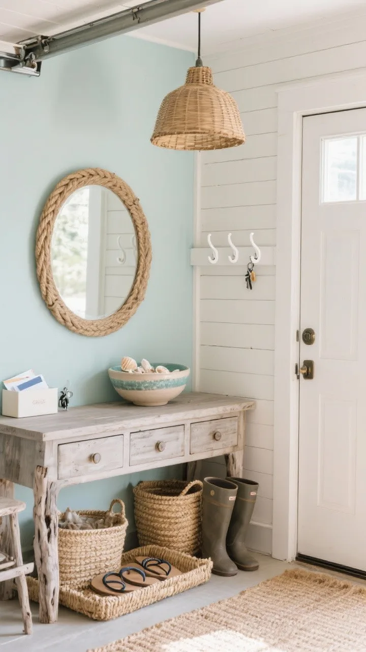 Photorealistic wide shot from a corner angle of a coastal garage nook: misty seafoam painted walls, driftwood-finish console with drawers for mail and keys, round rope-wrapped mirror above reflecting light. Natural textures layered: chunky jute runner, seagrass boot tray near the door, one wall clad in whitewashed shiplap accent. Slim coat rack with white enamel hooks, woven baskets for flip-flops under or beside console. Palette of seafoam, sandy beige, white, driftwood gray. Warm coastal glow from a rattan pendant overhead. Ceramic bowl with shells or beach glass as a catchall on the console. Sun-washed, relaxed atmosphere, no people.