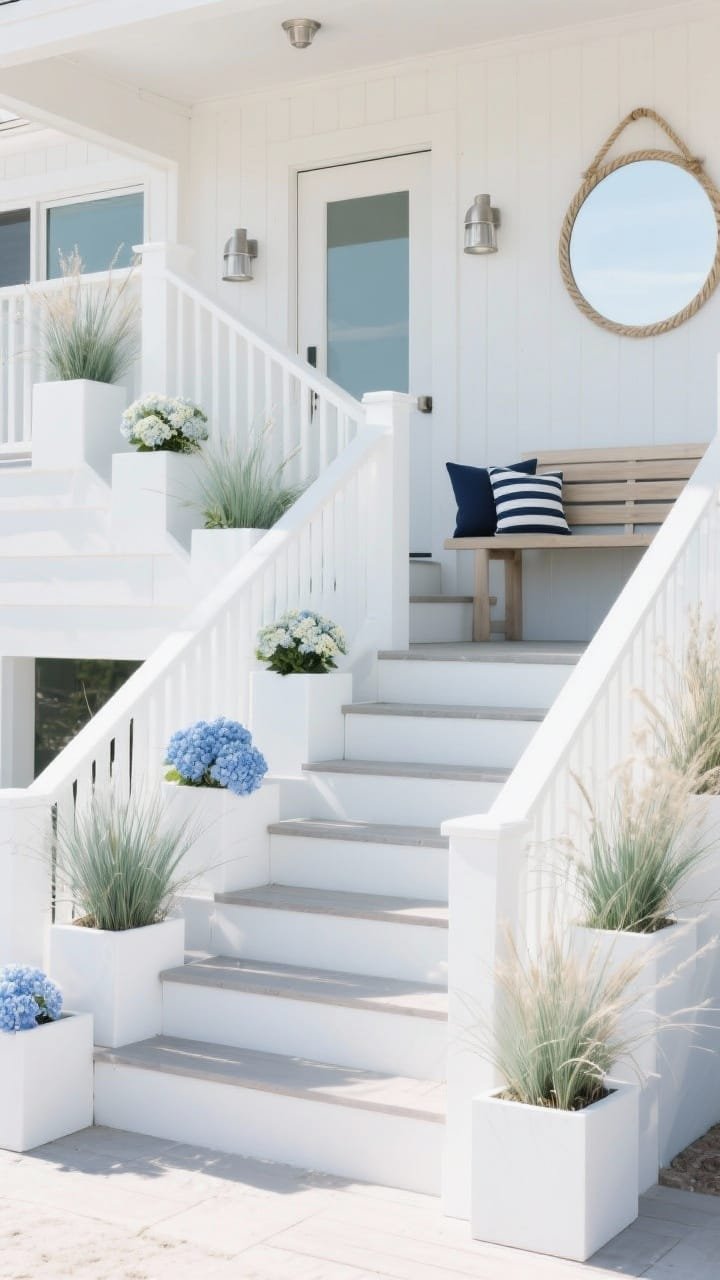 Photorealistic wide shot from a low angle looking up a set of coastal contemporary steps: crisp white railings and staggered white cube planters on alternating risers, planted with ornamental grasses (blue fescue, fountain grass) for movement. Near the landing, a couple of compact hydrangeas add soft blooms. Include a pale wood slatted bench, a striped navy outdoor pillow, and a round rope mirror mounted near the door. Nautical-inspired brushed-nickel bulkhead lights on the facade. Bright, airy daylight with cool coastal tones. Color palette: white, soft navy, driftwood, cool gray, sea-glass green. No people.