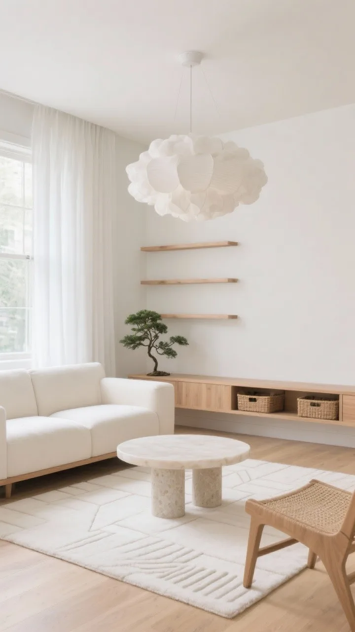Photorealistic wide shot, Light Maple Minimalism living room: light maple flooring, floating shelves, and a slim wall-to-wall media ledge; cream modular sofa with low arms; maple-and-cane accent chair; round alabaster coffee table centered, with a pale stone side table for height contrast; a cloudlike paper pendant cluster floating above seating; palette of cream, maple, pale mushroom, soft bone; tone-on-tone geometric off-white rug; slatted bench with hidden baskets for clutter-free storage; windows dressed in white linen panels; a small bonsai or ZZ plant adding a whisper of green; bright diffuse daylight, crisp and serene, no people.