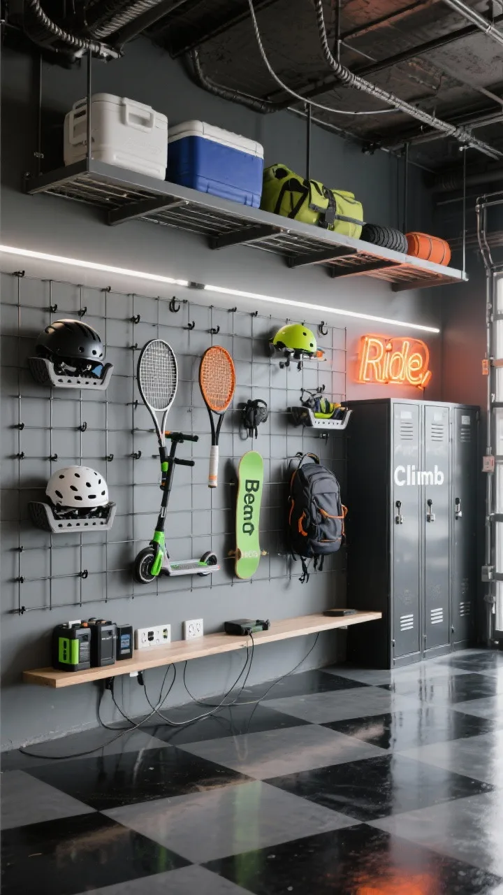 Photorealistic wide shot, straight-on view: an urban gear grid garage wall with a full-wall steel slat grid system displaying helmets, scooters, tennis racquets, skateboards, and backpacks on quick-swap hooks. Two vertical bike mounts with integrated tire trays protect the graphite wall. Powder-coated metal lockers labeled “Ride,” “Climb,” and “Beach” sit beneath the display. Overhead, an industrial-cable-suspended platform rack stores coolers and seasonal gear. The floor is a black-and-gray checkerboard epoxy, glossy and reflective. A narrow charging shelf with visible outlets hosts e-bike batteries, and a bold neon sign adds a pop of neon orange or acid lime. Color story: graphite, matte black, bright white with electric neon accents. Sleek, high-performance lighting with crisp contrast.