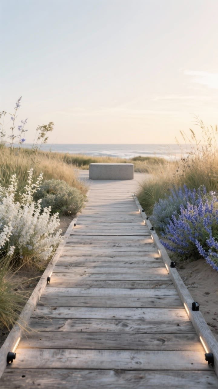 Photorealistic wide shot, straight-on view of a boardwalk-style pathway made of weathered timber planks set flush with the earth, boards lightly spaced for drainage, hardware in blackened screws and concealed anchors for a clean finish; on both sides a curated low meadow mix under knee height with blue fescue, yarrow, white gaura, and catmint in silvery greens, soft whites, and lavenders; at the end of the path a simple raw concrete bench as focal point; soft golden-hour light with recessed step lights along the plank edges beginning to glow; breezy, relaxed, coastal-spa vibe, textures of sun-faded wood and feathery plants highlighted