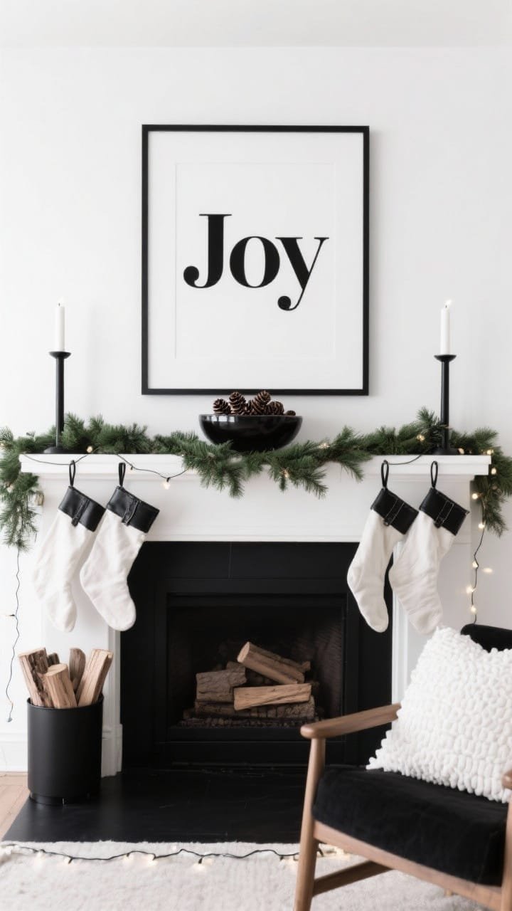 Photorealistic wide, straight-on gallery-like shot of “High-Contrast Black & White With Evergreen Minimalism”: white wall with a black mantel. A thin, tight-silhouette evergreen garland runs across the shelf with no ornaments or lights. Centered above is a black-and-white typographic print reading “Joy” in a modern serif, thin black frame. Two matte black candlesticks with white tapers flank the print symmetrically. Crisp white canvas stockings with black leather loops hang neatly. On the shelf or nearby, a single polished black bowl filled with pinecones adds organic texture. A black firewood holder with tidy logs sits by the hearth; a white boucle pillow rests on a nearby chair. No fairy lights. Bright but controlled, even lighting emphasizing bold silhouettes. Palette: black, white, forest green.
