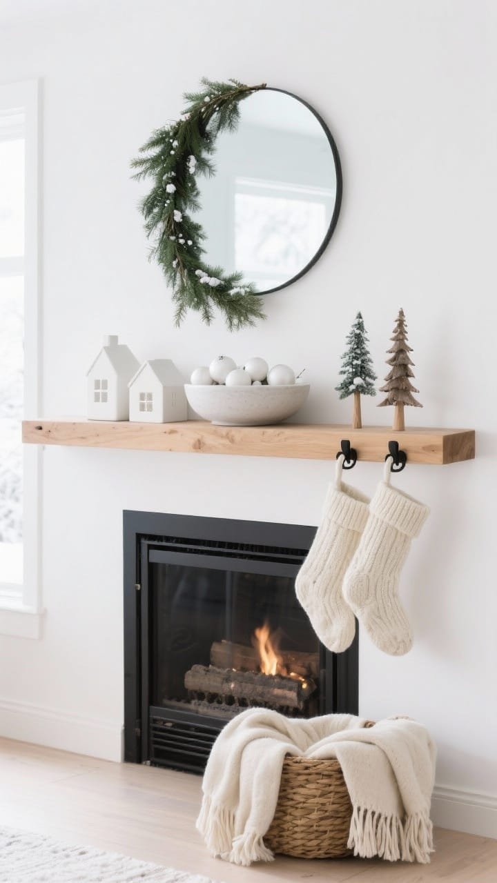 Photorealistic wide, straight-on shot of a minimalist “Nordic Snowfall” mantel scene: matte white wall, blonde oak mantel shelf above a firebox with a simple black iron screen. On the shelf, a single asymmetrical fresh cedar garland with realistic drape, two to three matte white ceramic house sculptures (unlit), and two untreated wooden trees. Centered is a low white stoneware bowl filled with unscented white ball ornaments. Above hangs a sleek, frameless round mirror reflecting soft winter daylight. Chunky knit ivory stockings with minimal tassels hang from simple black hooks. On the hearth, a woven basket holds folded cream throws without patterns. Palette: white, natural wood, soft green, hint of black. Bright, natural lighting; calm, airy mood.