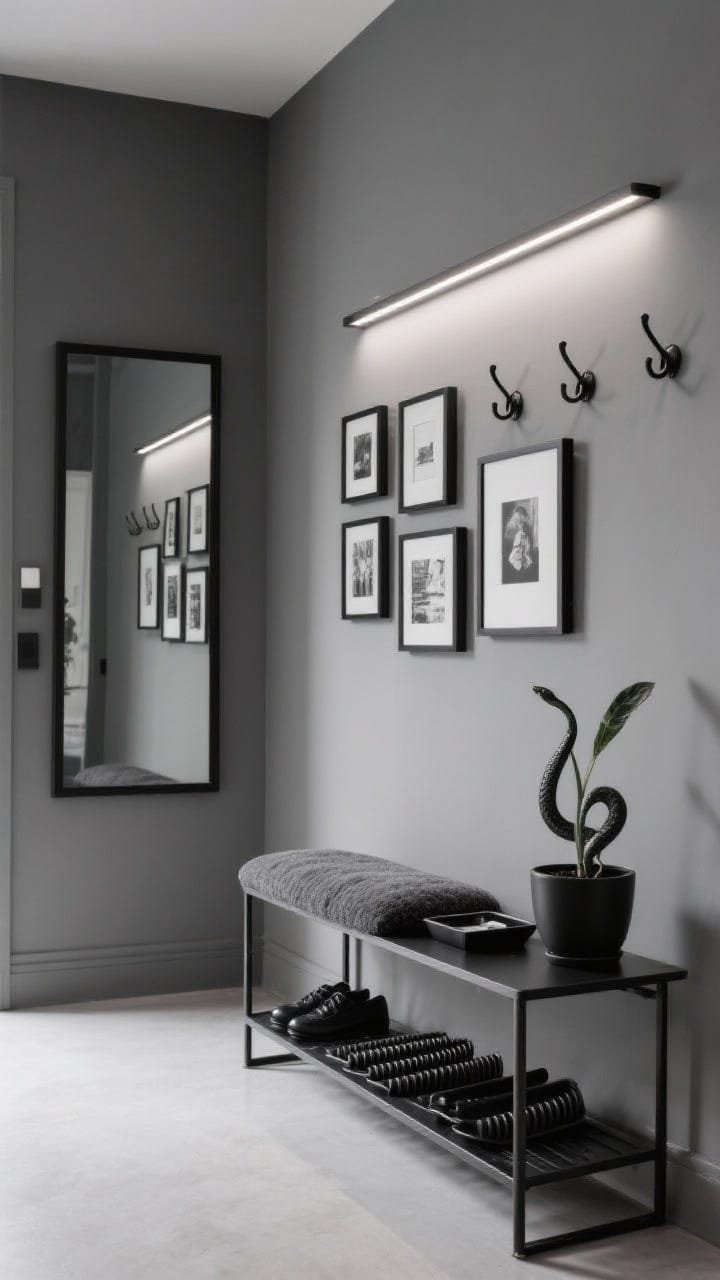 Photorealistic wide, straight-on shot of a minimal monochrome gallery entry: soft charcoal walls, slim black metal console with bottom shelf holding low-profile ribbed black shoe trays. Rectangular black-framed mirror above elongating the space. Powder-coated black hooks aligned neatly, leather valet tray on console. Grid-style mini gallery wall of black-and-white prints in mixed sizes for ordered symmetry. Linear LED picture light washing both art and entry in soft illumination. Charcoal boucle bench cushion adding subtle texture, and a sculptural snake plant in a matte black pot. Tonal, tailored, city-calm ambiance, no people.