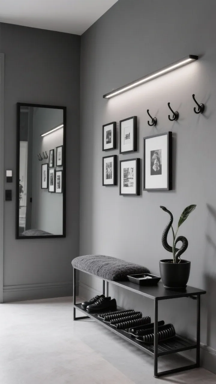 Photorealistic wide, straight-on shot of a minimal monochrome gallery entry: soft charcoal walls, slim black metal console with bottom shelf holding low-profile ribbed black shoe trays. Rectangular black-framed mirror above elongating the space. Powder-coated black hooks aligned neatly, leather valet tray on console. Grid-style mini gallery wall of black-and-white prints in mixed sizes for ordered symmetry. Linear LED picture light washing both art and entry in soft illumination. Charcoal boucle bench cushion adding subtle texture, and a sculptural snake plant in a matte black pot. Tonal, tailored, city-calm ambiance, no people.