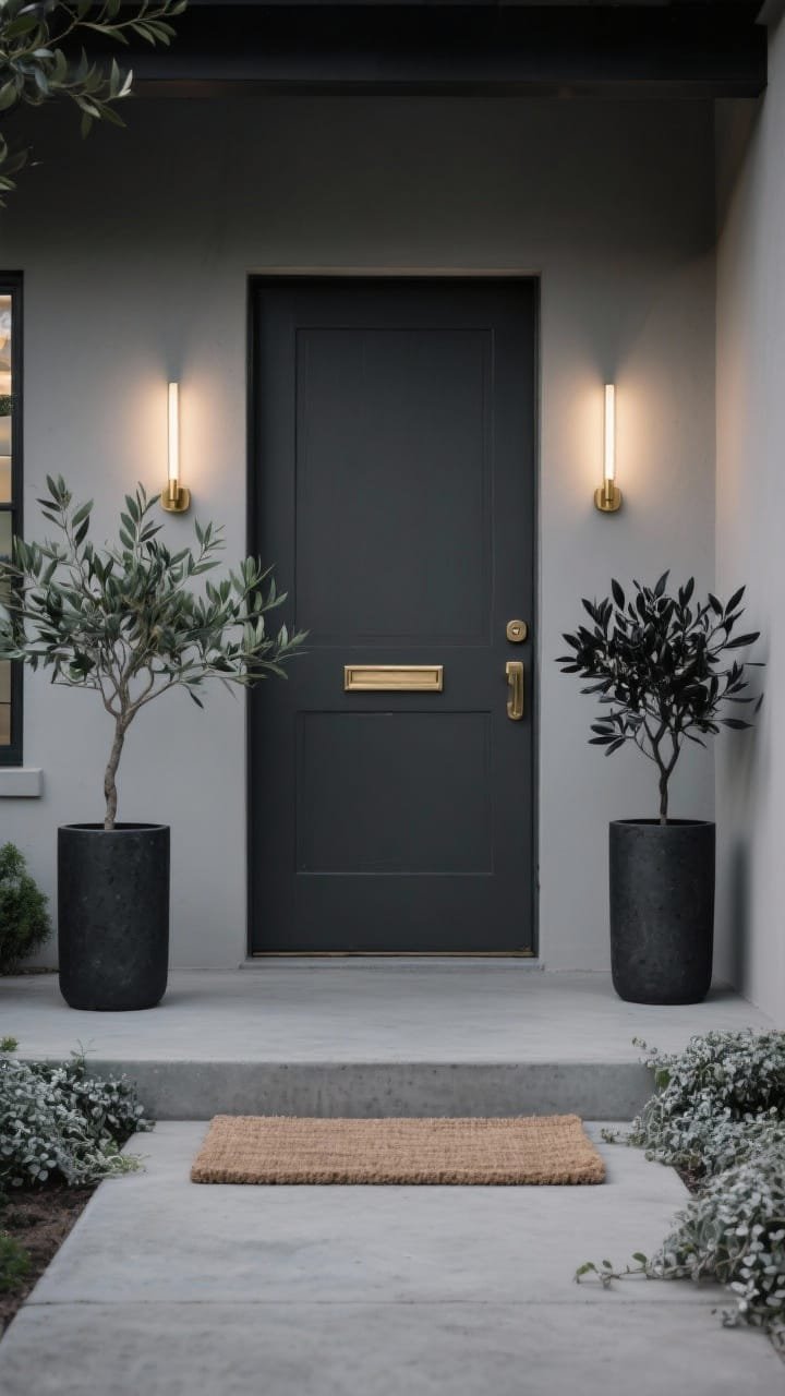 Photorealistic wide, straight-on shot of a monochrome minimalist entry: a charcoal-painted front door with a brushed brass handle and matching doorbell, flanked by two tall matte-black cylindrical planters in fiberstone or powder-coated metal. Each planter holds a single sculptural plant—one olive tree, one black olive ficus—with airy branches; subtle underplanting of trailing dichondra silver falls cascading over edges. Smooth concrete porch floor with a wide, low-profile natural jute doormat. Night scene with slim up-down wall sconces washing soft light over the facade, creating a gallery-like glow. Color palette: charcoal, matte black, warm brass, soft green. No people.