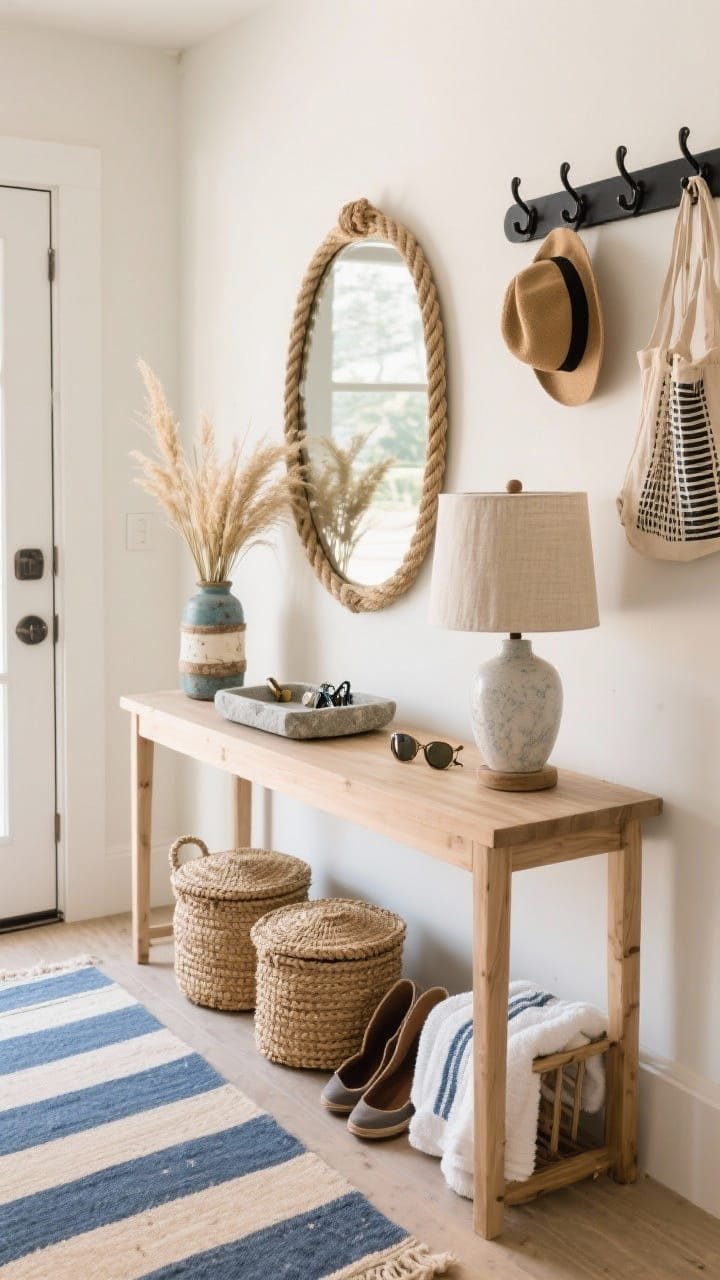 Straight-on medium shot, Modern Beach Entryway With Collected Charm: narrow light-oak console table topped with a shallow stone catchall tray for keys and sunglasses, a small table lamp with a linen shade, a vase of grasses, and a vintage buoy; rope-framed mirror mounted above; striped runner in indigo and sand along the floor; lidded seagrass baskets tucked below for shoes and towels; matte black row of wall hooks holding hats and market bags. Welcoming, organized, coastal accents, soft warm light.