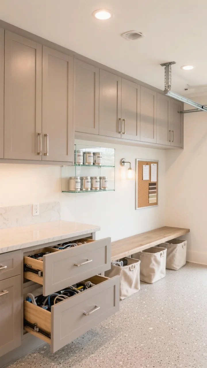 Straight-on, medium shot of a soft modern neutral garage wall: taupe flat-front cabinets with slim brushed nickel pulls and soft-close hinges, a seamless run of uppers edge-to-edge interrupted at center by a glass-front display showcasing paint cans decanted into matching jars with labels. Below, deep drawers slightly open to reveal tidy trays for cords and hardware. Countertop is a soft cream quartz reflecting light; walls in warm off-white. Greige flake epoxy floor ties tones together. Lighting is gentle but bright: evenly spaced recessed LEDs with a brushed nickel task sconce over a bench area. Add linen-look bins and a cork board framed in nickel for notes and swatches. Spa-level serene mood, photorealistic, no people.
