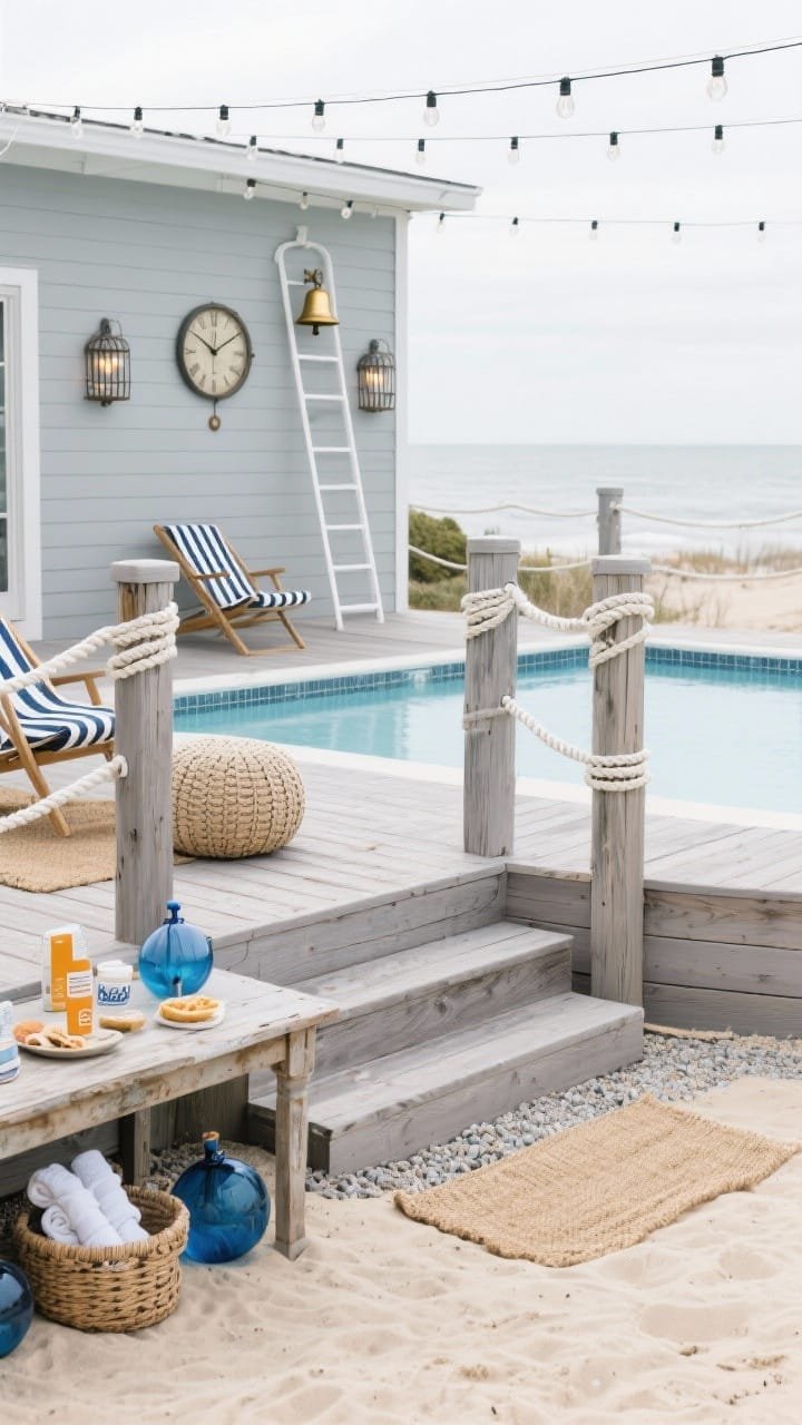 Straight-on medium-wide shot, bright overcast: Coastal boardwalk deck wrapping one side of an above-ground pool, in gray-washed planks with steps down to a sandy-toned gravel “beach.” Pool exterior painted soft driftwood gray with white rope railings strung between chunky posts for a nautical touch. Navy-and-white striped cushions on sling chairs, woven rope poufs, a weathered console table with sunscreen and snacks. Accessories: blue glass floats, jute mats, basket of rolled towels. Mounted details include a vintage-look wall clock and a brass ship’s bell near the ladder. Lighting: cage-style sconces on posts and soft white string lights overhead. No people, photorealistic.