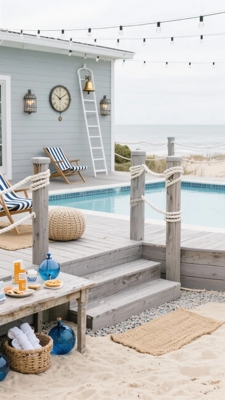 Straight-on medium-wide shot, bright overcast: Coastal boardwalk deck wrapping one side of an above-ground pool, in gray-washed planks with steps down to a sandy-toned gravel &ldquo;beach.&rdquo; Pool exterior painted soft driftwood gray with white rope railings strung between chunky posts for a nautical touch. Navy-and-white striped cushions on sling chairs, woven rope poufs, a weathered console table with sunscreen and snacks. Accessories: blue glass floats, jute mats, basket of rolled towels. Mounted details include a vintage-look wall clock and a brass ship&rsquo;s bell near the ladder. Lighting: cage-style sconces on posts and soft white string lights overhead. No people, photorealistic.