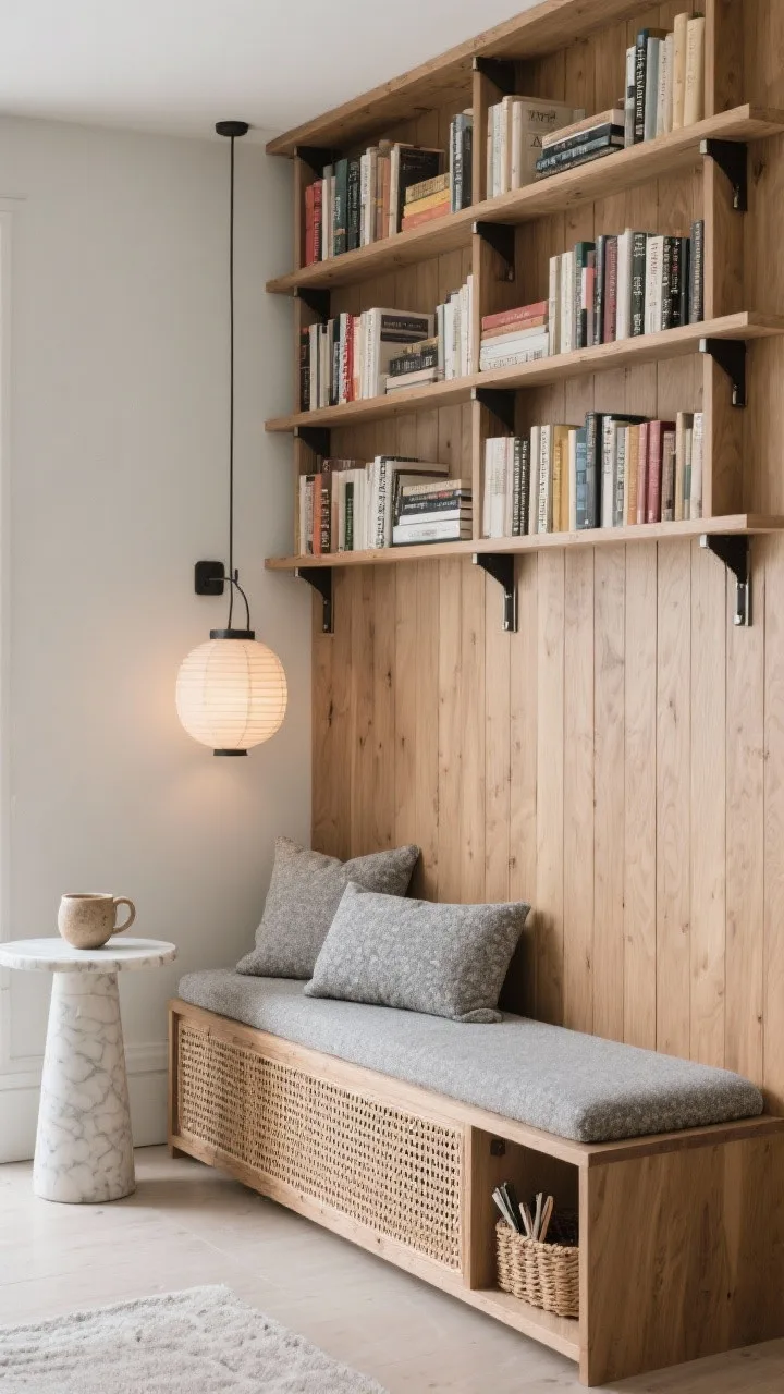 Straight-on narrow wall shot, photorealistic &ldquo;Slim Book Wall With Bench And Cane&rdquo;: slim oak bookshelves with vertical dividers neatly organizing book spines; below, a cane-front bench providing seating and concealed storage; the bench topped with a firm seat pad in pebble gray and two neat rectangular cushions; an off-center small paper lantern sconce adds asymmetry and warm glow; nearby, a round marble-topped pedestal for a mug; palette of warm oak, natural cane, soft gray, whisper off-white; hardware in brushed nickel or black brackets with clean lines; finishing accents include a single textured pottery piece and a woven catchall for bookmarks; crisp yet cozy, clutter-free, no people.