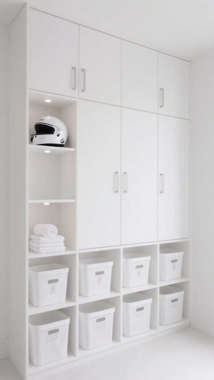 Straight-on wide shot — Monochrome modular wall system: full-height, all-white modular shelves with a mix of open cubbies and soft-close, push-latch cabinet doors (no handles), creating a seamless snow-white suite. Back panel painted the same white for a built-in look. White lidded bins in only two sizes fill the cubbies in a harmonious grid; each bin labeled low with clear, sans-serif decals. Minimal decor: a single glossy white helmet and a small rolled stack of monochrome white towels. Gentle recessed puck lights inside select cubbies emit a soft glow, enhancing the pristine, boutique feel. Photorealistic, high-impact minimalism.