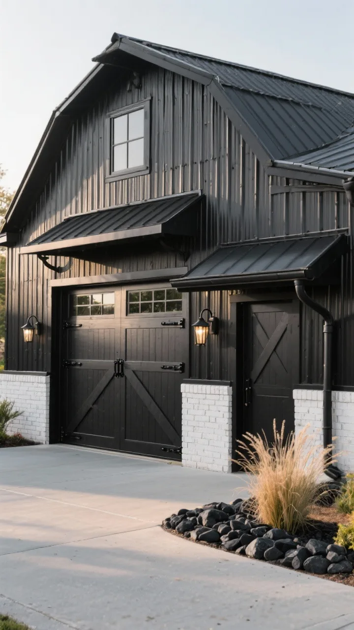 Three-quarter exterior angle of a farmhouse-industrial black barn garage featuring black corrugated metal siding above a whitewashed brick knee wall; classic barn roofline; charcoal carriage-style garage door with crossbuck panels and chunky black strap hinges; steel awning over a side man door; oversized black gooseneck sconces flanking the garage door; satin black gutters and downspouts creating a unified silhouette; landscaping with ornamental grasses and black river rock along the foundation; polished concrete drive with subtle salt-and-pepper finish; late afternoon light; photorealistic.