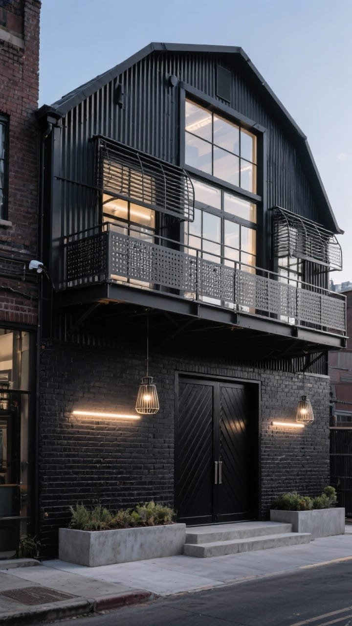 Urban streetscape medium shot of a black barn-inspired building: sharp black brick base with corrugated metal cladding above; bold steel grid framing balconies and shading screens; huge warehouse-style grid windows flooding light inward; a cantilevered balcony wrapped in perforated steel; an oversized black pivot door with ribbed glass; industrial cage pendants and strip LEDs illuminating a polished concrete stoop with inset planters; gritty, photorealistic dusk.