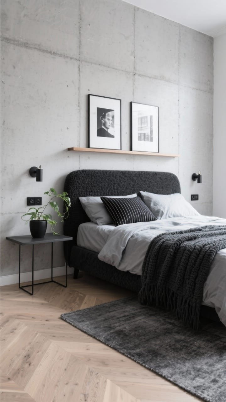 Wide, angled corner shot, Concrete Calm With Soft Black Accents: serene urban Nordic bedroom with smooth concrete-effect and pale gray limewash walls, light oak plank flooring, and a low-pile graphite rug. Bed features a soft-black bouclé upholstered frame, dressed with a dove-gray duvet, a charcoal knit throw, and a black pinstripe pillow. Slim floating nightstand, matte-black plug-in sconces, and a thin oak picture ledge displaying two oversized unframed black-and-white prints. A single matte-black planter with a trailing green plant breaks the grayscale. Soft, diffused daylight with gentle shadows, photorealistic, no people.
