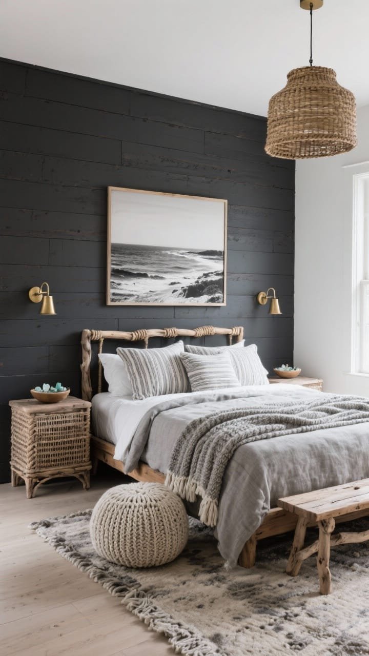 Wide coastal angle, Coastal Charcoal With Driftwood & Cloudy Knits: a moody beach-inspired bedroom with a charcoal shiplap accent wall and driftwood-toned oak furniture. An open-frame oak bed dressed in stonewashed linen, layered knit throws in sea-salt and mist gray, and striped knit euro shams. Caned nightstands with weathered brass sconces above, a rattan drum pendant overhead. A woven rope bench at the foot, a heathered wool rug grounding the scene, a chunky knit pouf, and a large black-and-white coastal photograph centered on the shiplap. A small bowl of sea glass on the nightstand. Palette: charcoal, driftwood, sea-salt, mist gray, soft sand. Soft coastal daylight, photorealistic, slight corner perspective.