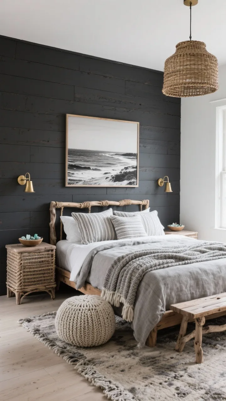 Wide coastal angle, Coastal Charcoal With Driftwood & Cloudy Knits: a moody beach-inspired bedroom with a charcoal shiplap accent wall and driftwood-toned oak furniture. An open-frame oak bed dressed in stonewashed linen, layered knit throws in sea-salt and mist gray, and striped knit euro shams. Caned nightstands with weathered brass sconces above, a rattan drum pendant overhead. A woven rope bench at the foot, a heathered wool rug grounding the scene, a chunky knit pouf, and a large black-and-white coastal photograph centered on the shiplap. A small bowl of sea glass on the nightstand. Palette: charcoal, driftwood, sea-salt, mist gray, soft sand. Soft coastal daylight, photorealistic, slight corner perspective.