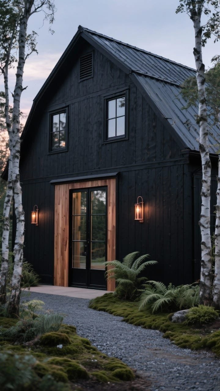 Wide exterior shot at twilight of a Nordic-inspired black barn: deep matte charcoal board-and-batten siding with minimal trim color-matched to the cladding, a warm vertical cedar inset wrapping the entry, low-sheen black standing seam roof, symmetrical black-framed windows, slim copper sconces glowing softly, an oversized black-steel-framed glass pivot door, a simple gravel path leading in, and natural landscaping with birch clusters, ferns, and mossy groundcover; crisp, photorealistic, calm Nordic mood.