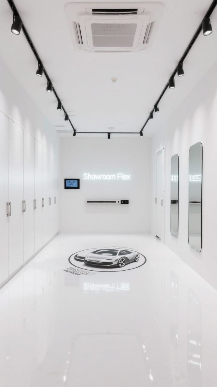 Wide, gallery-clean straight-on view of the “Showroom Flex”: high-gloss white epoxy floors reflecting light, pure white walls, seamless floor-to-ceiling white panel cabinets with push-latch doors, minimal black track lighting on the ceiling, low-profile ceiling hoist barely visible above sightlines, a center turntable-style floor decal under a car position, chrome-framed mirrors, a single tasteful neon sign, wall-mounted tablet and slim soundbar; bright, pristine, photorealistic.