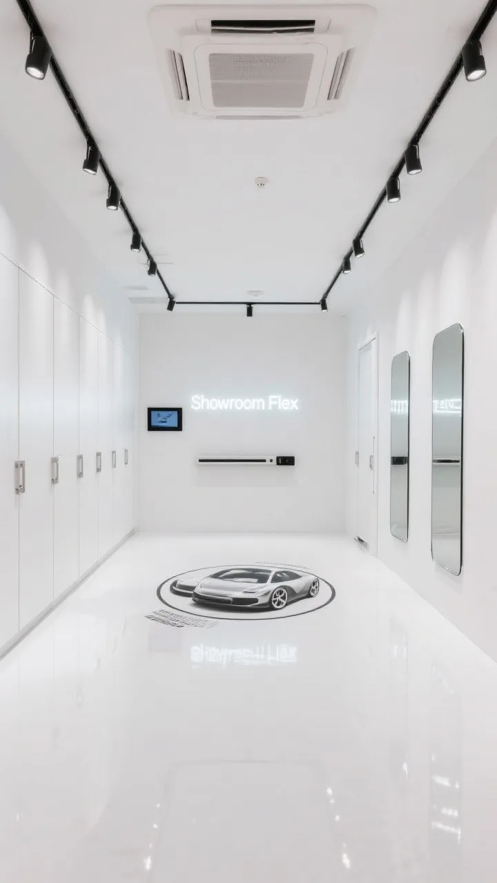 Wide, gallery-clean straight-on view of the &ldquo;Showroom Flex&rdquo;: high-gloss white epoxy floors reflecting light, pure white walls, seamless floor-to-ceiling white panel cabinets with push-latch doors, minimal black track lighting on the ceiling, low-profile ceiling hoist barely visible above sightlines, a center turntable-style floor decal under a car position, chrome-framed mirrors, a single tasteful neon sign, wall-mounted tablet and slim soundbar; bright, pristine, photorealistic.