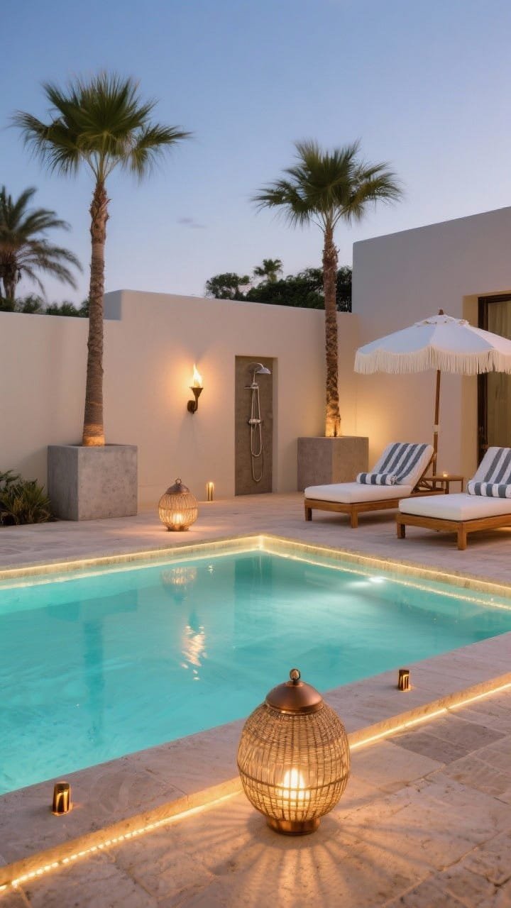 Wide, glamorous poolside scene at dusk: A rectangular pool with RGBW underwater LEDs set to soft aqua/champagne gold, water seeming to levitate from LED strip lighting under the coping. Slim bronze path lights cast fan-shaped beams on limestone pavers. Two woven loungers flanked by dimmable globe lanterns; a torch-style sconce by an outdoor shower adds drama. Teak chaise set, white fringe umbrellas, striped towels, tall palms in concrete cubes. Palette of sand, bronze, sea-glass blue, crisp white textiles. Photorealistic, boutique-hotel vibe, no people.