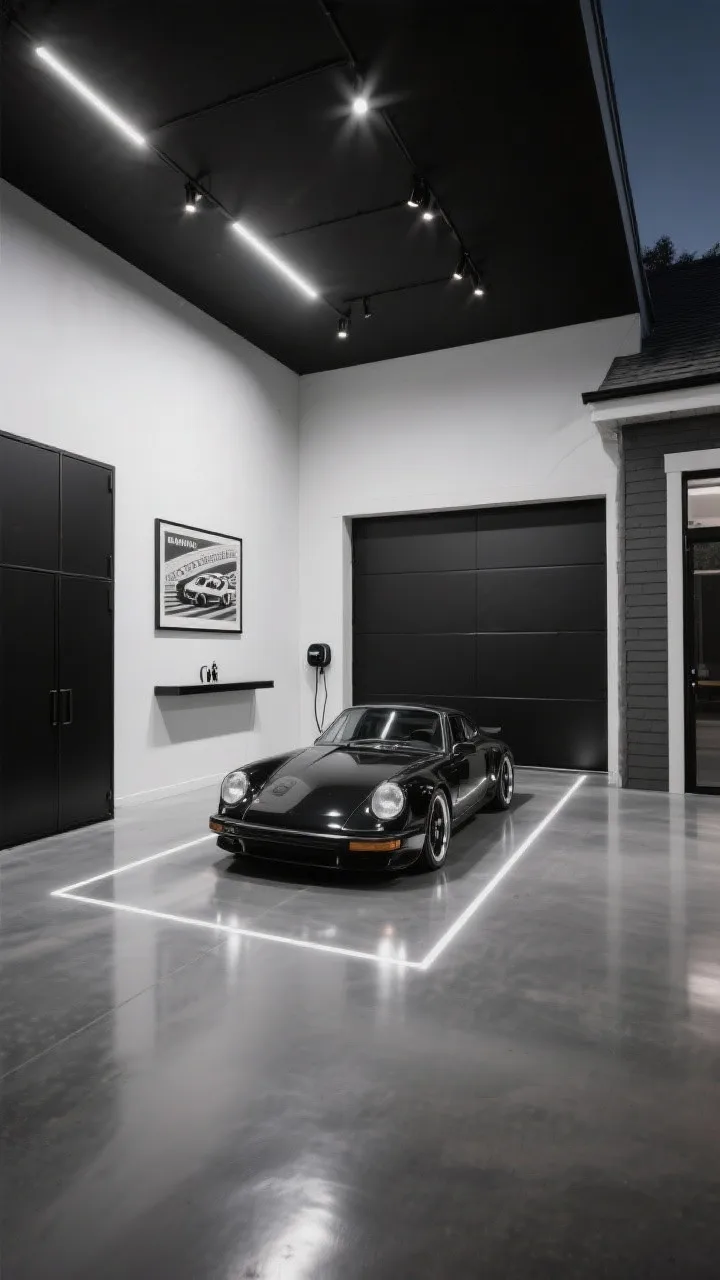 Wide interior, straight-on car gallery scene: monochrome space with white walls, black ceiling, and high-CRI track lighting precisely aimed at a single car; graphite metallic epoxy floor with controlled reflections; inset LED floor strip guiding the parking position; handleless black wall cabinets and a hidden charging dock keep the space clean; a slim black console for keys and a framed vintage racing poster in grayscale; exterior described via a flush-panel garage door and black fiber-cement siding with concealed gutters (seen subtly through the doorway); evening, dramatic museum lighting; photorealistic.