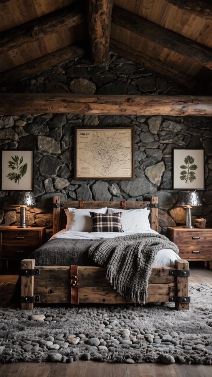 Wide, moody lodge bedroom featuring a stone-texture feature wall behind a chunky reclaimed wood bed with iron details and leather strap hardware. Mixed woods: walnut dresser, oak nightstands, and a visible cedar ceiling beam. Heavy-knit wool blanket and a single plaid accent pillow on the bed. Thick pile rug in pebble gray echoing the stone. Hammered metal lamps casting a warm glow. Framed vintage topo map and botanical prints completing a grounded, tactile, quietly dramatic scene.