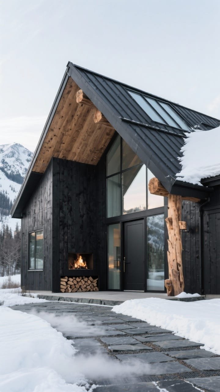Wide mountain-modern exterior shot in cool, clear light: steep A-frame portico in black steel and timber over a massive glass entry; siding mixing charred timber with smooth black panels for tactile contrast; a stacked firewood niche by the door; chunky timber brackets supporting the eaves; snow-rated black metal roof with large overhangs; tall clerestory windows catching winter light; basalt paver path with a hint of radiant heat steam on a cold morning; crisp, photorealistic.