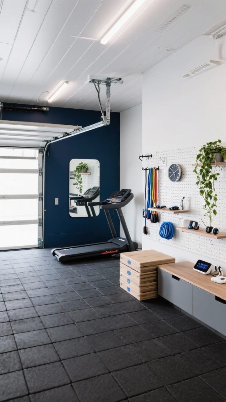 Wide overhead/three-quarter view: A high-performance hybrid garage gym with charcoal interlocking floor tiles and a white acoustic slat ceiling concealing linear LED strips and cable runs; one wall painted deep navy; a smart fitness mirror mounted next to a fold-down tonal rack; a compact treadmill folded upright, a rower stored on vertical hooks, and a stackable plyo box set nested into a low credenza; a pegboard panel organizing resistance bands and jump ropes; a charging shelf with smartwatches and earbuds; minimalist decor including a digital clock and a plant shelf with trailing pothos; navy, white, graphite with pops of cobalt; bright, even, future-forward lighting; photorealistic.