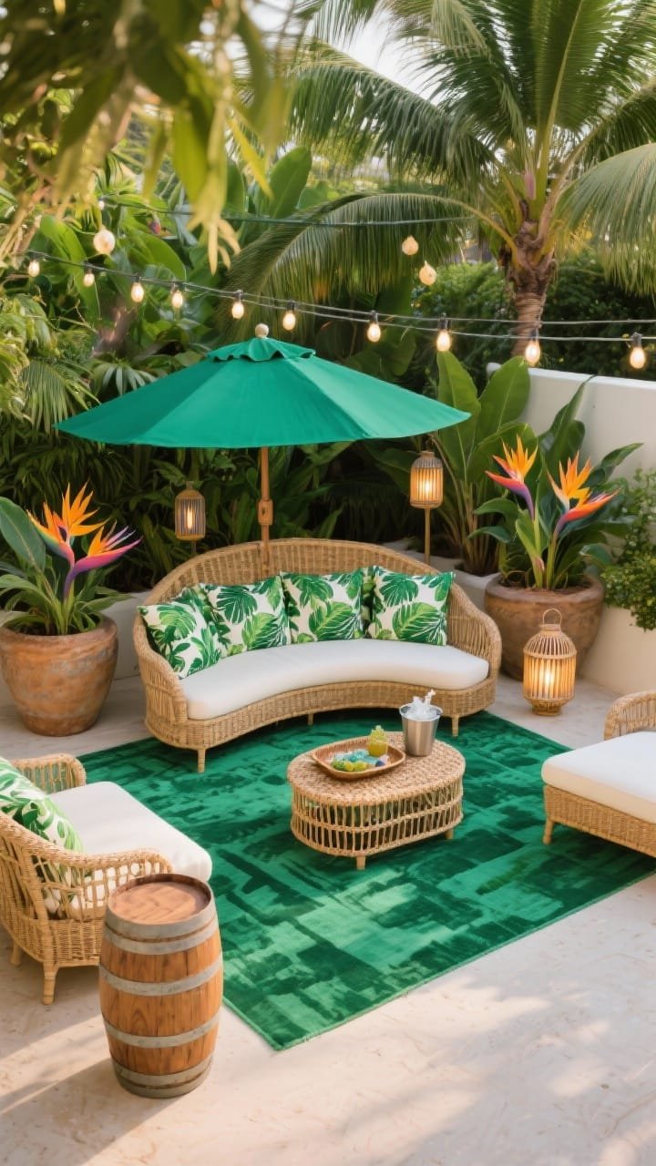 Wide overhead, Tropical Resort Lounge: A resort-like patio layout with a curved wicker daybed and double chaise lounges topped with leafy-print cushions; a deep green cantilever umbrella shading the seating; oversized planters with birds of paradise and palms surrounding; bold emerald outdoor rug anchoring the zone; bamboo lanterns and solar string lights overhead for a warm, vacation glow; woven cane tray on an acacia side table next to a barrel-style ice bucket; palette of emerald, lime, natural rattan, ivory; lush, saturated greenery.
