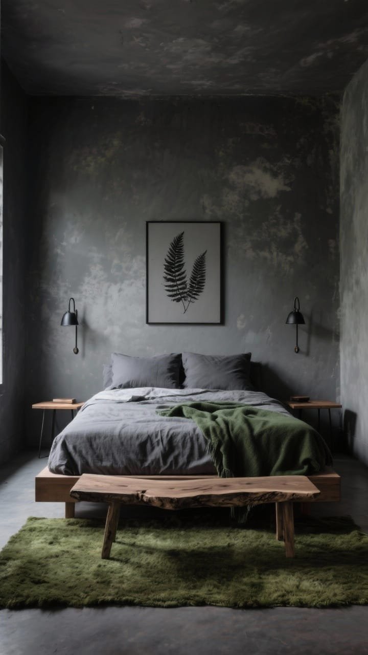 Wide room shot: A moody “Charcoal Forest Retreat” bedroom with charcoal limewash walls showing cloudy, light-catching variation; a low-profile oak platform bed centered, dressed in a stone-gray linen duvet, charcoal shams, and a single deep green throw; a thick moss-colored wool rug underfoot. Slim wood side tables flank the bed with blackened metal sconces mounted above. A live-edge bench with a matte finish sits at the foot. Palette leans charcoal, moss, smoke gray, blackened bronze. Include a single oversized framed black-and-white fern print on the wall. Soft, low evening lighting with gentle shadows; no gloss, everything tactile; photorealistic.