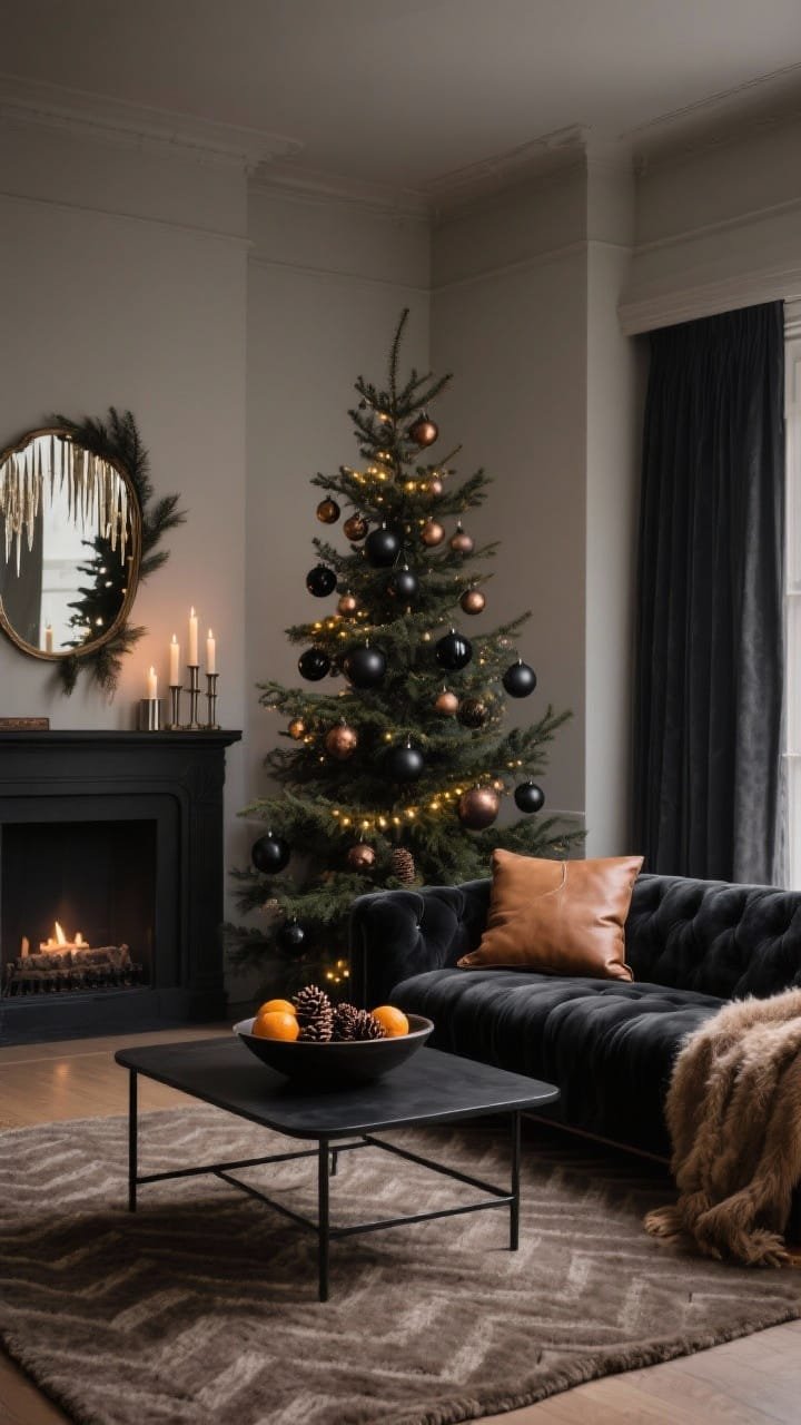Wide room shot: A moody living room with a charcoal velvet sofa on a taupe wool herringbone rug, walls painted soft greige, a slender natural fir tree decorated with smoked bronze ornaments, matte black baubles, and antiqued mirror icicles lit by warm micro-LEDs for a quiet golden shimmer. A blackened steel coffee table holds a low bowl of dried citrus and pine cones; camel leather pillows and a mohair throw on the sofa. Mantel styled with staggered taper candles in pewter holders tucked among sculptural cedar sprigs. Palette of charcoal, greige, smoked bronze, matte black, and camel; textures of velvet, mohair, wool, and blackened metal; evening candlelit ambience; no people; photorealistic.