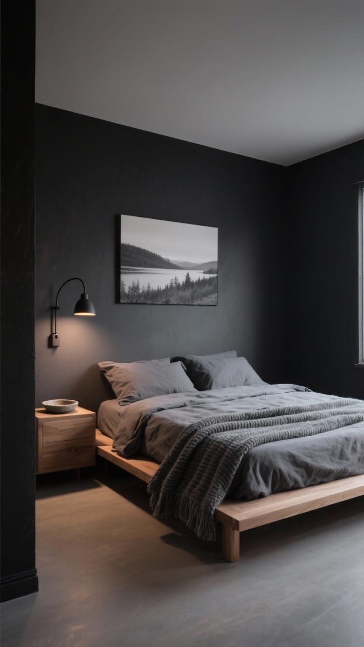 Wide room shot, Charcoal Cabin Minimalism: a photorealistic Scandinavian bedroom with matte charcoal (almost-black, slightly warm) walls, a low-profile natural oak platform bed with clean edges, linen duvet in soot, a chunky ribbed slate-gray wool throw draped at the foot, slim black metal sconce with warm 2700K bulb arcing over a narrow oak nightstand. On the nightstand: a stoneware tray. Above the bed: a monochrome landscape print. Palette tight to graphite, ash, and warm oak. Soft, warm evening lighting, clean lines, restrained and tactile, no people.