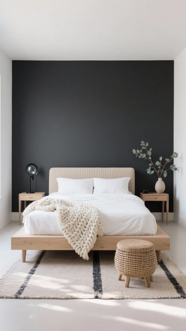 Wide room shot, Scandinavian Sanctuary With Charcoal Calm: a clean, airy modern bedroom with a matte charcoal accent wall behind a low-profile light ash wood platform bed featuring a knit oatmeal headboard cushion. Crisp white bedding topped with a chunky ivory cable-knit throw spilling over the edge. Slim ash nightstands flank the bed, each with a matte black frosted-glass globe sconce. A flat-weave wool rug with a subtle charcoal stripe underfoot, a woven stool at the foot of the bed, and a single eucalyptus branch in a simple ceramic vase on one nightstand. Color palette: charcoal, soft white, oatmeal, light ash wood. Soft natural daylight, minimal decor, no people, photorealistic, straight-on view.