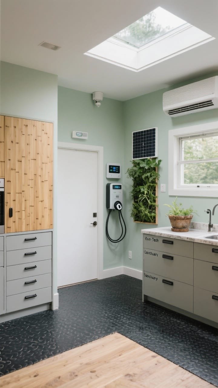 Wide, serene angle of the “Eco-Tech Sanctuary”: bamboo-front cabinets with sleek pulls, recycled rubber flooring, low-VOC paint in soft sage on walls, tidy EV charging station with managed cable, wall-mounted solar inverter display and compact battery unit, powder-coated greige drawer stacks labeled with minimal black type, smart skylight casting natural light, occupancy sensor near entry, quiet ductless heat pump on wall, vertical herb wall near a small window and a reclaimed-sink potting station; calm, sustainable, smart.