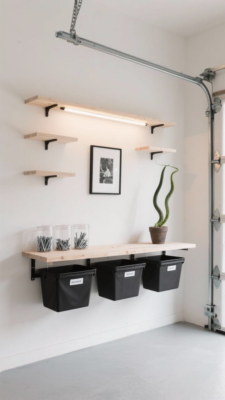 Wide shot — A Nordic-inspired garage workbench wall: pale birch floating shelves over a slim matte-black workbench against warm white walls, all hardware concealed for ultra-clean lines. Matching matte-black storage bins with simple white labels line the lower shelf; a trio of clear acrylic canisters filled with screws and nails sits neatly grouped; a single potted snake plant adds vertical interest on the top shelf. A slender, dimmable linear LED glows under the top shelf, casting soft, even light. Floor is seamless light gray epoxy. One framed black-and-white print hangs centered above the bench. Photorealistic, crisp, calm Scandinavian minimalism, straight-on perspective.