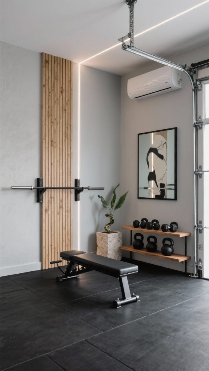 Wide shot: A sculpted minimalist garage gym with matte black rubber flooring, a soft fog-gray limewash wall, and a single blond-oak vertical slat feature behind a wall-mounted folding squat rack; adjustable bench and a tight set of matte black hex dumbbells on a low natural oak rack; thin linear LED strips washing the walls and a compact ductless mini-split high on the wall; decor includes one oversized abstract print, a black-framed full-length mirror, and a limestone planter with a snake plant; color story of graphite, fog gray, natural oak, and matte black; quiet, sculptural mood with crisp, studio-fresh lighting; photorealistic, straight-on perspective.