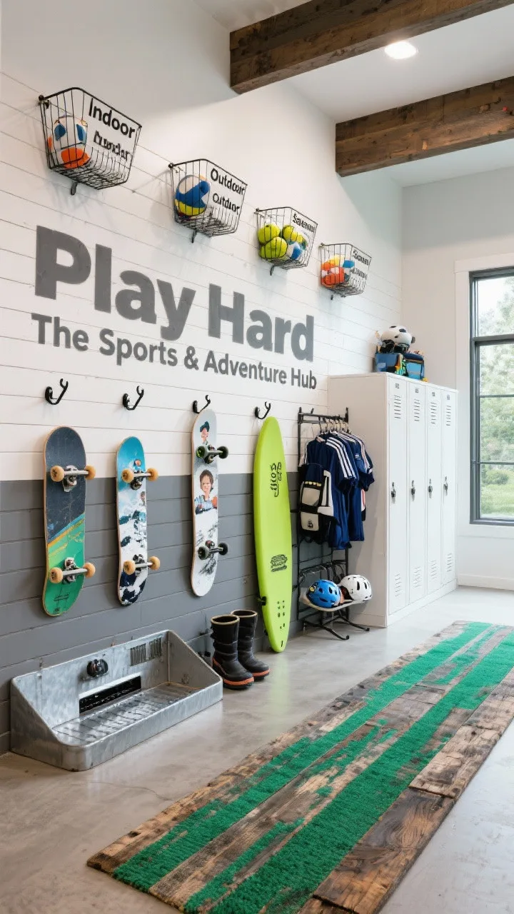 Wide shot, angled perspective of “The Sports & Adventure Hub”: two-tone slatwall (stone gray below, white above) across the main wall, vertical bike racks with each family member’s name stenciled above, deep wire baskets labeled “Indoor,” “Outdoor,” and “Seasonal” for balls, wall-mounted hooks for skateboards, paddleboards, and snowboards, a galvanized wet zone drip tray with boot dryers and a narrow drying rack for jerseys, tall white lockers for helmets and pads, a navy-and-emerald washable runner, and a bold reclaimed-wood “Play Hard” sign. Bright, energetic, organized; no people.