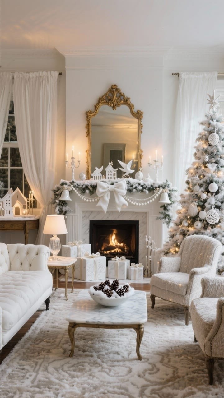 Wide shot, Classic White Parlor With Heritage Touches: Traditional white fireplace mantle layered with a full snowy garland adorned with matte porcelain bells, pure-white velvet bows, and pearl strands; an antique-style gilt mirror centered above reflecting warm glow; generous flocked Christmas tree dressed with porcelain doves, lace ornaments, white glass balls, and warm-white candlestick clip lights; gifts wrapped in embossed white paper with silk ribbon at the base; seating includes an ivory tufted Chesterfield and two textured swoop-arm chairs around a tone-on-tone patterned wool rug; marble-top side tables with milk-glass lamps and a bowl of snow-dusted pinecones; white drapery panels puddling slightly, a ceramic nativity/paper village on a console; moody golden evening light, photorealistic, straight-on composition.
