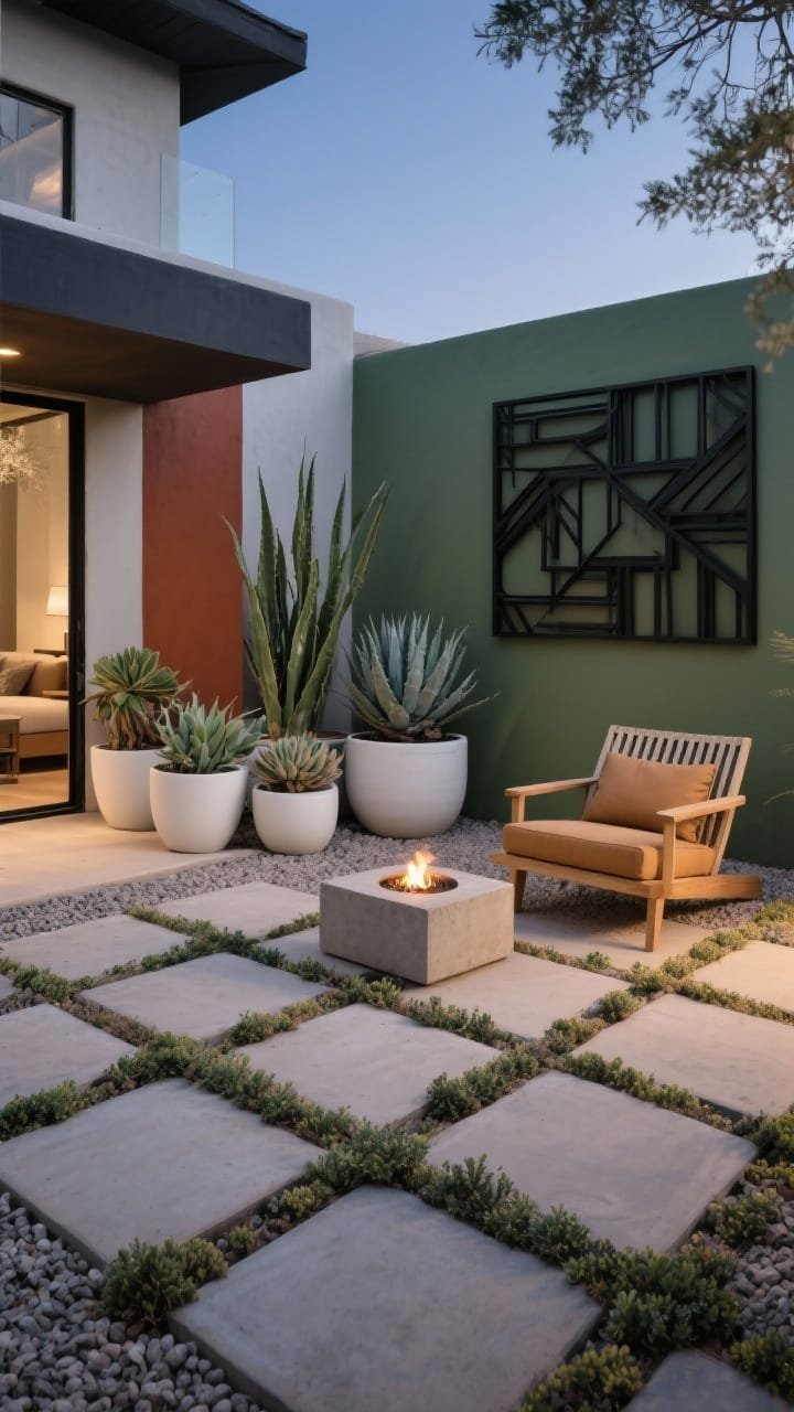 Wide shot, Desert-Modern Pocket Patio: neutral gravel ground with a grid of large pavers spaced by thyme/creeping sedum forming a sitting zone; architectural succulents—agave, aloe, echeveria—grouped in matte white and sand-colored planters; a low slatted wood lounge chair with a tan outdoor cushion, a chunky concrete side table, and a small fire bowl lit for evening glow; a black metal geometric wall panel as art; color accents of rust, clay, and charcoal against sage greens; photorealistic, twilight ambiance, slightly elevated angle to show gravel patterns and layout.