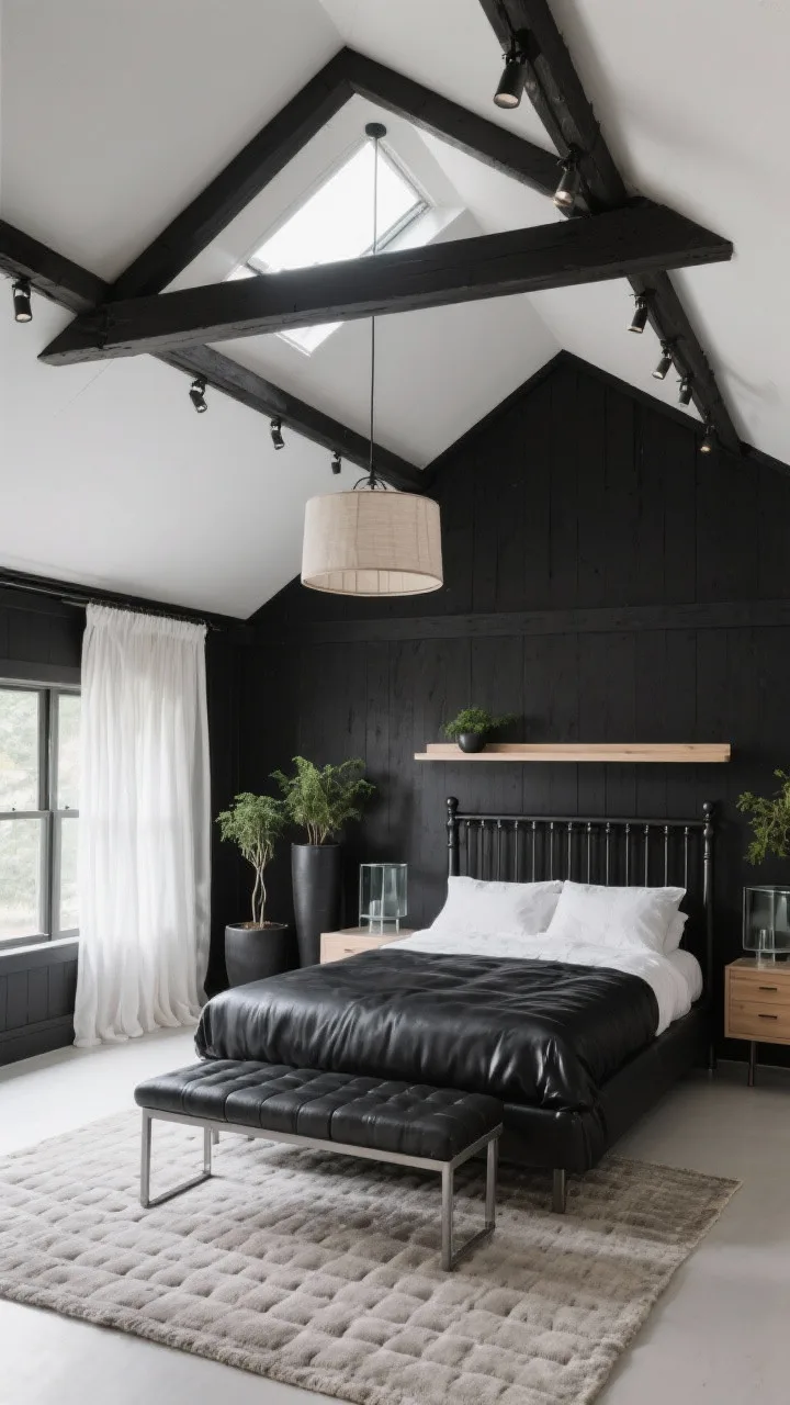 Wide shot from a corner angle looking up toward the ceiling: A vaulted black barn bedroom with a matte white ceiling and exposed rafters, lower walls and trim in soft black for airy contrast. A suspended skylight shaft pours natural light onto a black leather spindle bed below. Smoked glass nightstands and a slim steel bench keep the furniture visually light, with a floating pale oak shelf replacing a dresser. Track lights run along the beam; a linen drum pendant is centered under the skylight. Two tall black planters with architectural greenery add height. A hand-tufted tonal rug grounds the bed. Sheer white ripple-fold drapes graze the floor on the windows. Palette: soft black, cloud white, smoked glass, pale oak. Photorealistic, serene.