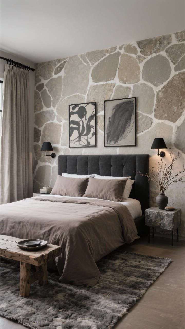 Wide shot, low corner perspective: A moody, serene bedroom featuring a stone-texture wallpaper in soft greige/mushroom on the main wall. Centered is a charcoal upholstered headboard with linen bedding in taupe. Above the bed, either two iron-framed abstract prints flanking the headboard or a single oversized soft charcoal sketch centered. Matte black sconces with linen shades provide warm, directional light. Accents include a rough-hewn wood bench at the foot, a stone tray on a nightstand, and dried branches in a vase. A wool rug in peppered gray underfoot and a matte black curtain rod with linen drapes frame the scene. Photorealistic, substantial, modern-retreat vibe.