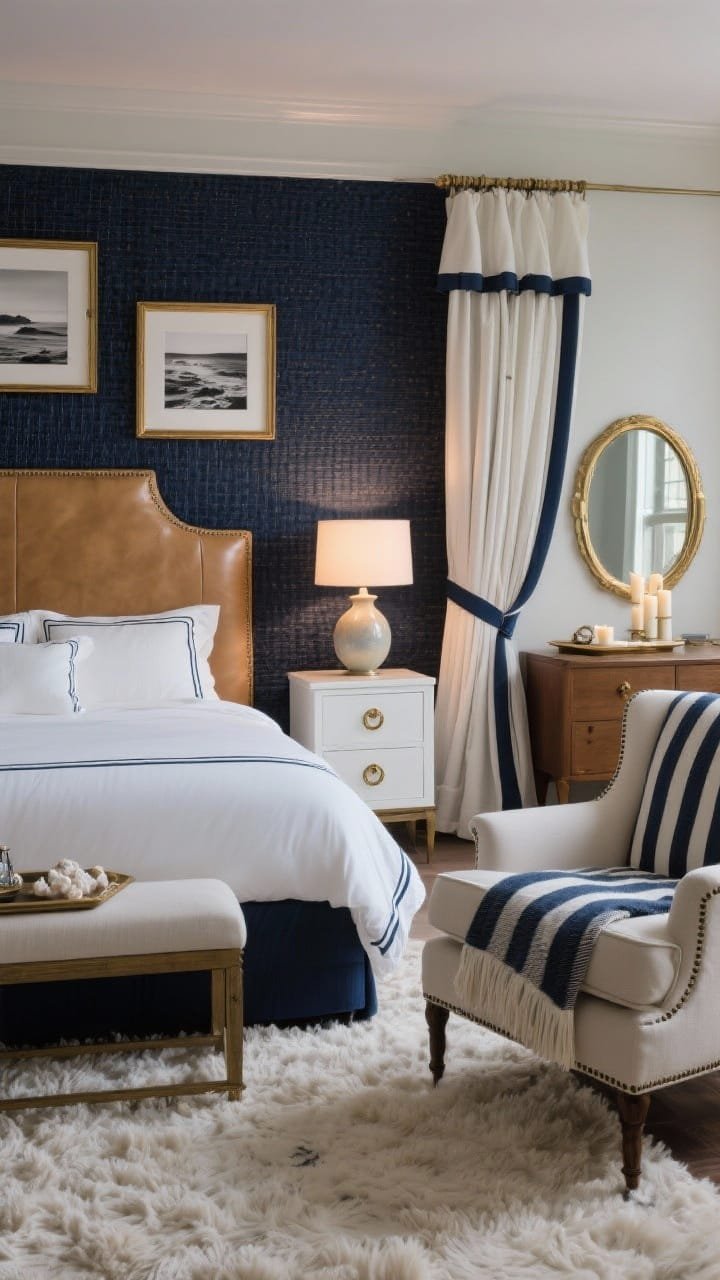 Wide shot, Luxe Nautical Primary Suite: a feature wall in navy grasscloth behind a camel leather headboard; crisp hotel-style white bedding piped in navy; lacquered white bedside tables with brass ring pulls; ceramic gourd lamps casting warm ambient light; plush ivory wool rug underfoot; black-and-white coastal photography in thin brass frames; tailored linen drapes with a banded navy edge; striped ticking wingback chair with a nautical throw; brass mirror and a tray with sea-salt candles on a dresser. Polished, luxurious, evening glow.