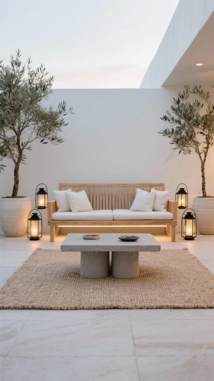 Wide shot, Minimalist Scandi Lounge: A calm, photorealistic patio scene with a slatted acacia wood sofa in a natural blonde finish, fitted with ivory performance cushions; a low-profile concrete coffee table centered on a flat-woven jute-look outdoor rug in sand; two ceramic cylinder planters with slender olive trees flanking the seating; a trio of matte black metal lanterns glowing warmly at dusk; soft whites, blonde wood, and matte black accents; subtle linen-look cushion texture, smooth concrete, woven rug; a minimalist LED strip under the bench casting ambient underglow; straight-on view with clean lines and airy negative space.