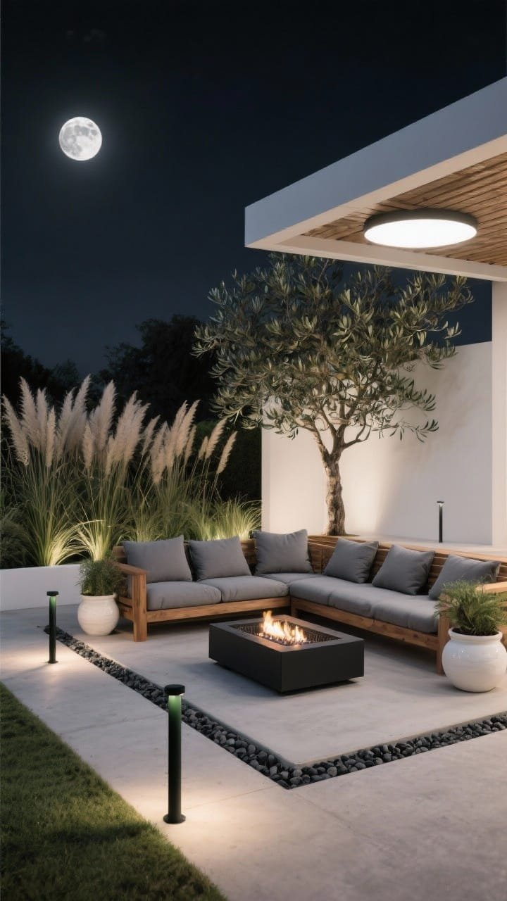 Wide shot, nighttime: A minimalist moonlight lounge on a low-profile concrete patio framed by tall ornamental grasses and an olive tree. Matte-black bollard lights outline the patio perimeter; slender in-ground uplights create a halo on the olive tree. A slim pergola overhead features a flat, disk-shaped LED ceiling light casting a soft, even glow like a modern moon. Teak sectional with slate-gray cushions, black pebble border, low rectangular fire bowl, and off-white ceramic planters. Palette of charcoal, warm white (2700K), natural wood, and olive green. Photorealistic, calm, sculpted atmosphere, no people.