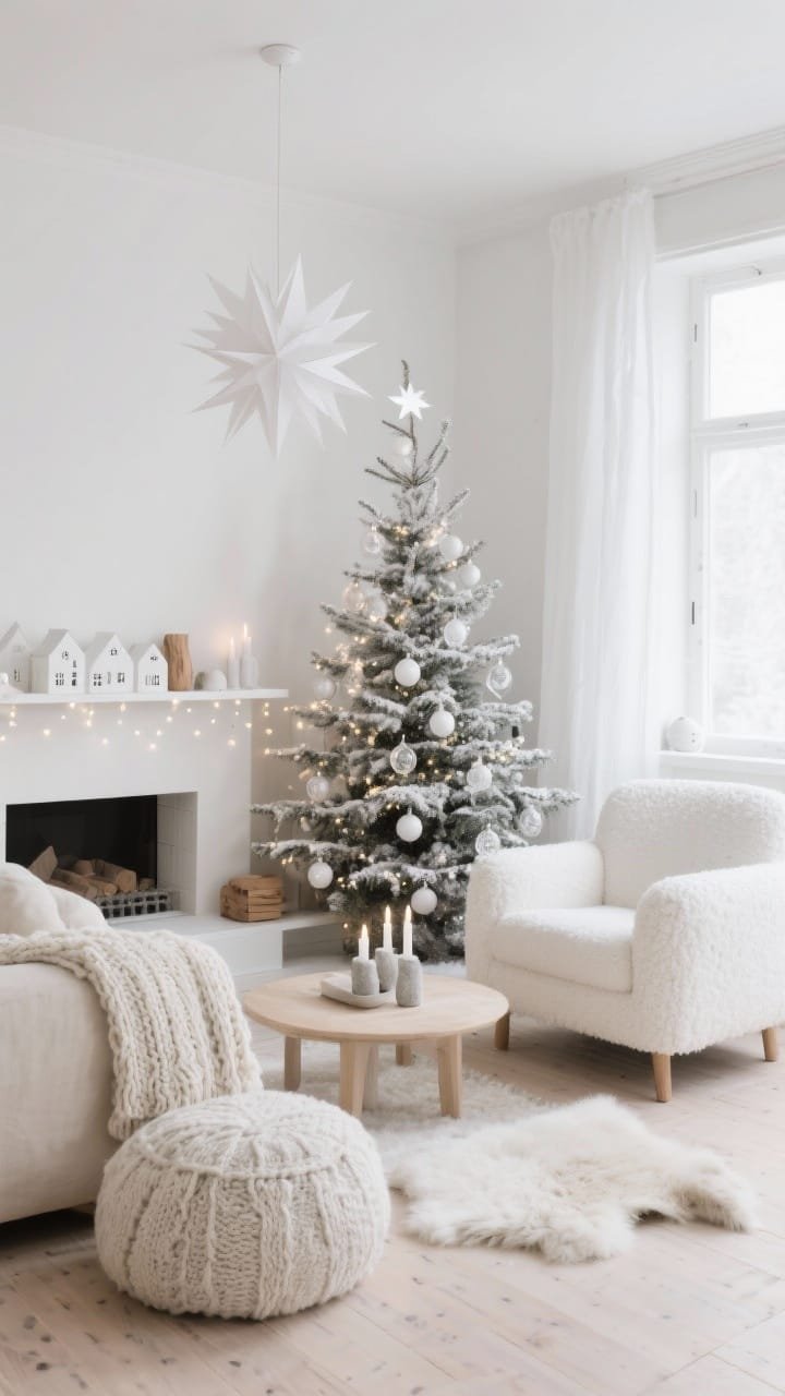 Wide shot, Nordic Snowfall Living Room: A serene, minimalist living room with matte white walls and bleached wood floors, a low-profile creamy linen sofa and an oversized white bouclé armchair, slim flocked fir Christmas tree decorated only with white paper ornaments, clear glass baubles, and matte ceramic stars; warm white micro fairy lights are woven densely through the tree branches and along white shelves, chunky knit throw, sheepskin rug, and nubby cotton pouf layered for texture, white taper candles in simple stone holders and a ceramic white village on the mantle, gauzy white voile curtains softening daylight at the window, and a white paper star pendant hanging over a light wood coffee table; small hints of natural wood accents; cozy, calm, photorealistic, shot from a corner angle to show tree, seating, and mantle.