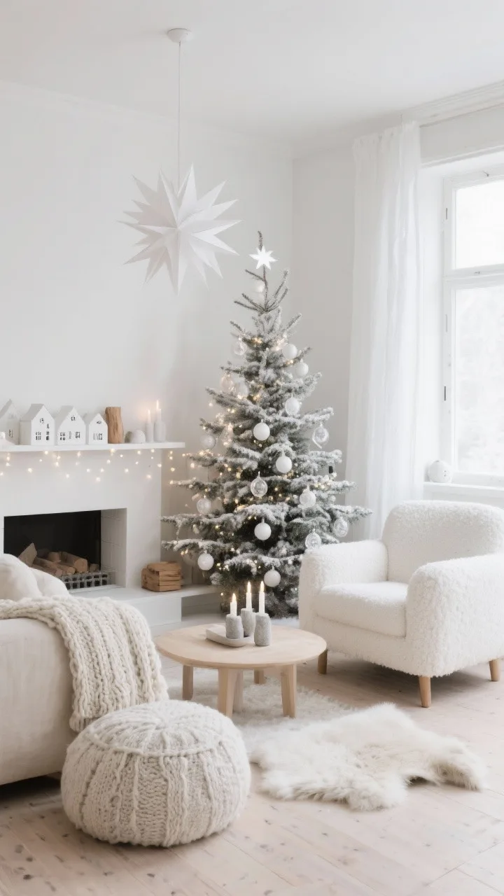 Wide shot, Nordic Snowfall Living Room: A serene, minimalist living room with matte white walls and bleached wood floors, a low-profile creamy linen sofa and an oversized white boucl&eacute; armchair, slim flocked fir Christmas tree decorated only with white paper ornaments, clear glass baubles, and matte ceramic stars; warm white micro fairy lights are woven densely through the tree branches and along white shelves, chunky knit throw, sheepskin rug, and nubby cotton pouf layered for texture, white taper candles in simple stone holders and a ceramic white village on the mantle, gauzy white voile curtains softening daylight at the window, and a white paper star pendant hanging over a light wood coffee table; small hints of natural wood accents; cozy, calm, photorealistic, shot from a corner angle to show tree, seating, and mantle.
