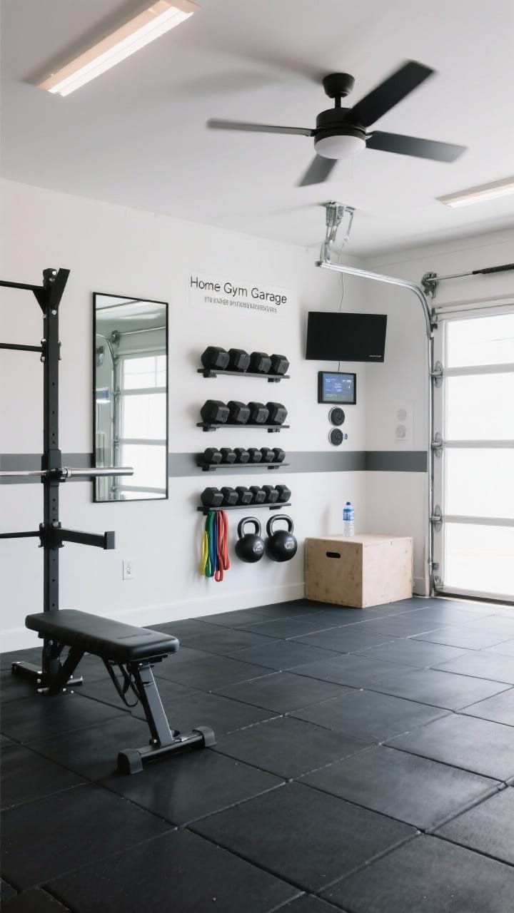 Wide shot of the “Home Gym Garage”: interlocking black rubber tiles across the main training zone, soft white walls with a graphite accent stripe running mid-height, mirror wall with slim black frames reflecting equipment, matte black wall racks neatly holding dumbbells, kettlebells, and resistance bands, foldaway squat rack extended, plyo box doubling as a side table with a water bottle, discreet ceiling fan with minimalist profile, wall-mounted workout display and Bluetooth speakers, smart lighting scenes slightly cool and bright; airy, motivating.