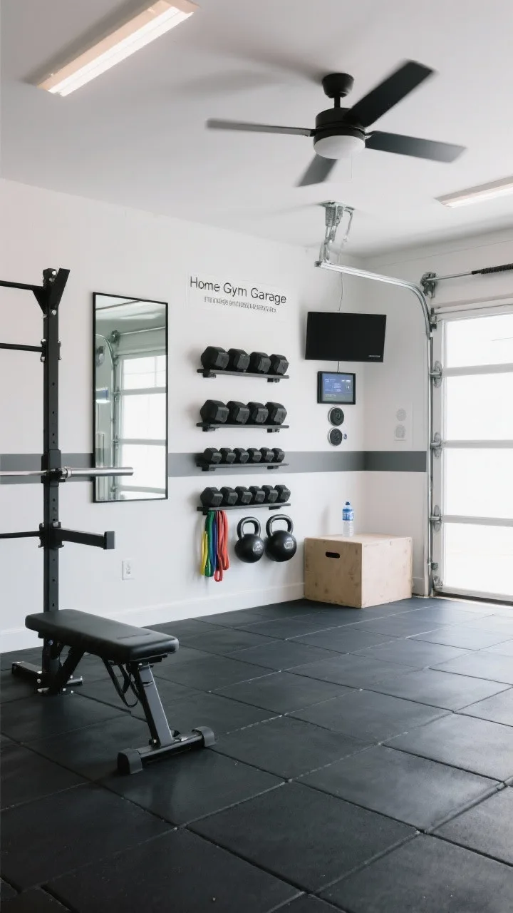 Wide shot of the &ldquo;Home Gym Garage&rdquo;: interlocking black rubber tiles across the main training zone, soft white walls with a graphite accent stripe running mid-height, mirror wall with slim black frames reflecting equipment, matte black wall racks neatly holding dumbbells, kettlebells, and resistance bands, foldaway squat rack extended, plyo box doubling as a side table with a water bottle, discreet ceiling fan with minimalist profile, wall-mounted workout display and Bluetooth speakers, smart lighting scenes slightly cool and bright; airy, motivating.