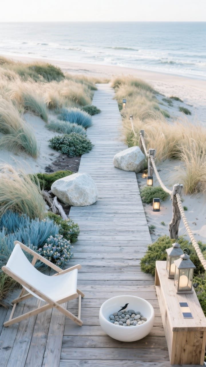 Wide shot, slight elevated perspective along the path: A coastal boardwalk garden featuring a straight run of weathered oak decking like a shoreline boardwalk, flanked by loose drifts of ornamental grasses swaying—Panicum ‘Northwind,’ blue fescue, sea thrift—with creeping juniper spilling over edges. Two limestone boulders sunk halfway into the plantings break the line, appearing naturally placed. A compact deck landing hosts low off-white sling chairs and a bleached teak console styled with lanterns. A simple rope handrail lines one side; discreet solar path lights glow low in the grass. A shallow white ceramic bowl with pebbles serves as a birdbath. Palette of driftwood, cloud white, dune, soft blue-green, in breezy coastal daylight.
